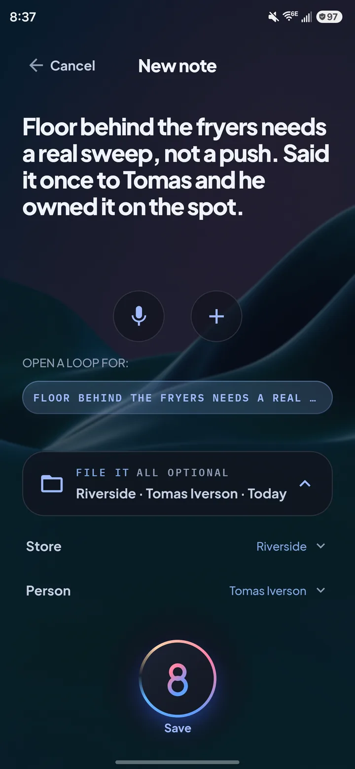 Area8 voice capture screen showing a suggested follow-up and store and person fields