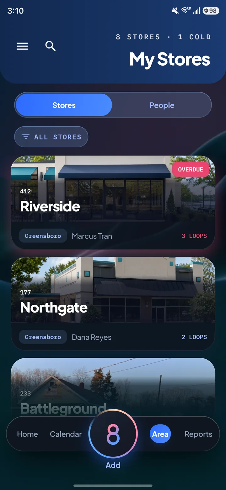 Store cards with storefront photos, managers and open-loop counts